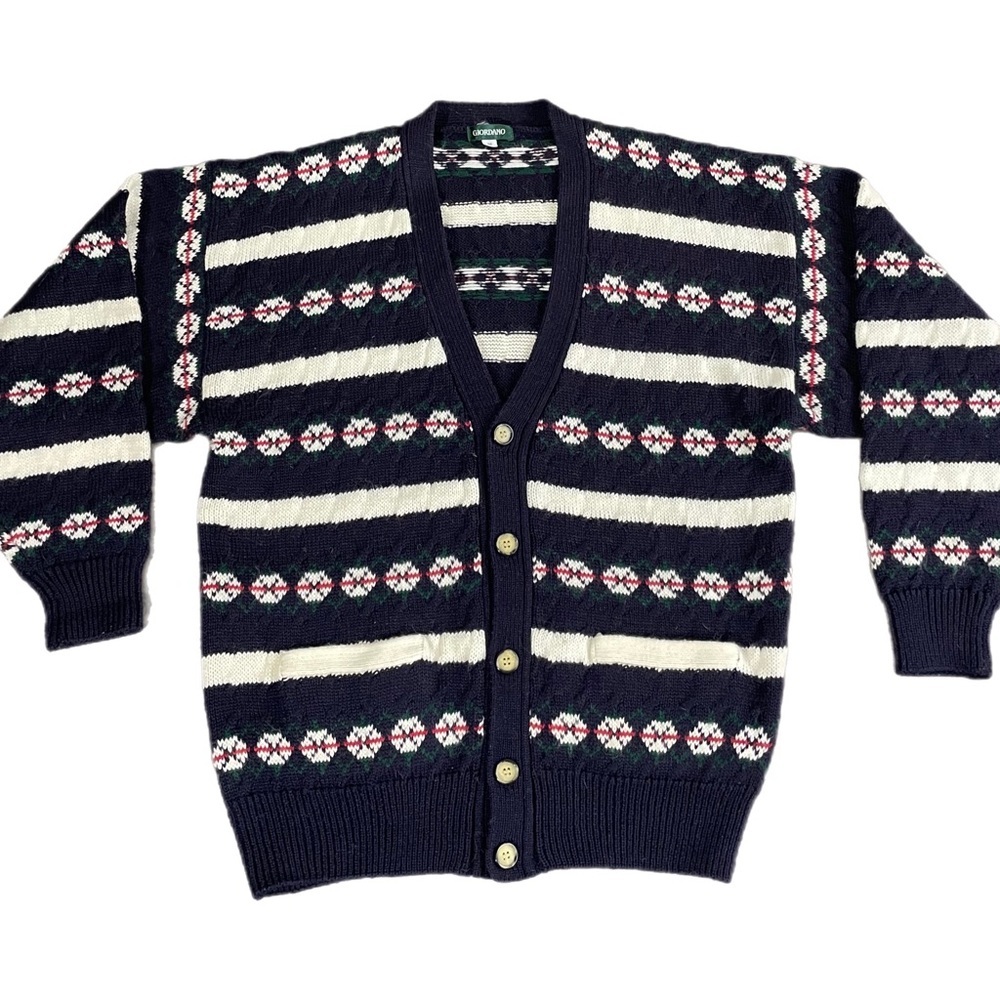VTG Men’s Wool Navy Blue‎ Fair Isle Christmas Grandpa Cardigan Sweater M